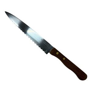 Vtg Ekco Eterna Utility Knife Stainless Serrated 5.5” Blade Brown Wood Handle
